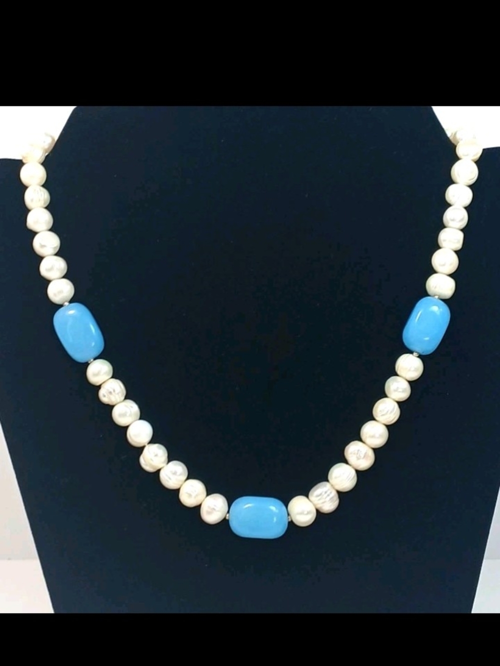 GSJ Sterling Fresh Water Pearls & Aquamarine Gem Necklace 20"
